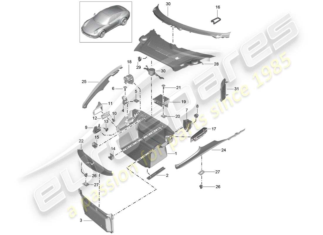 porsche 991 (2014) luggage compartment part diagram