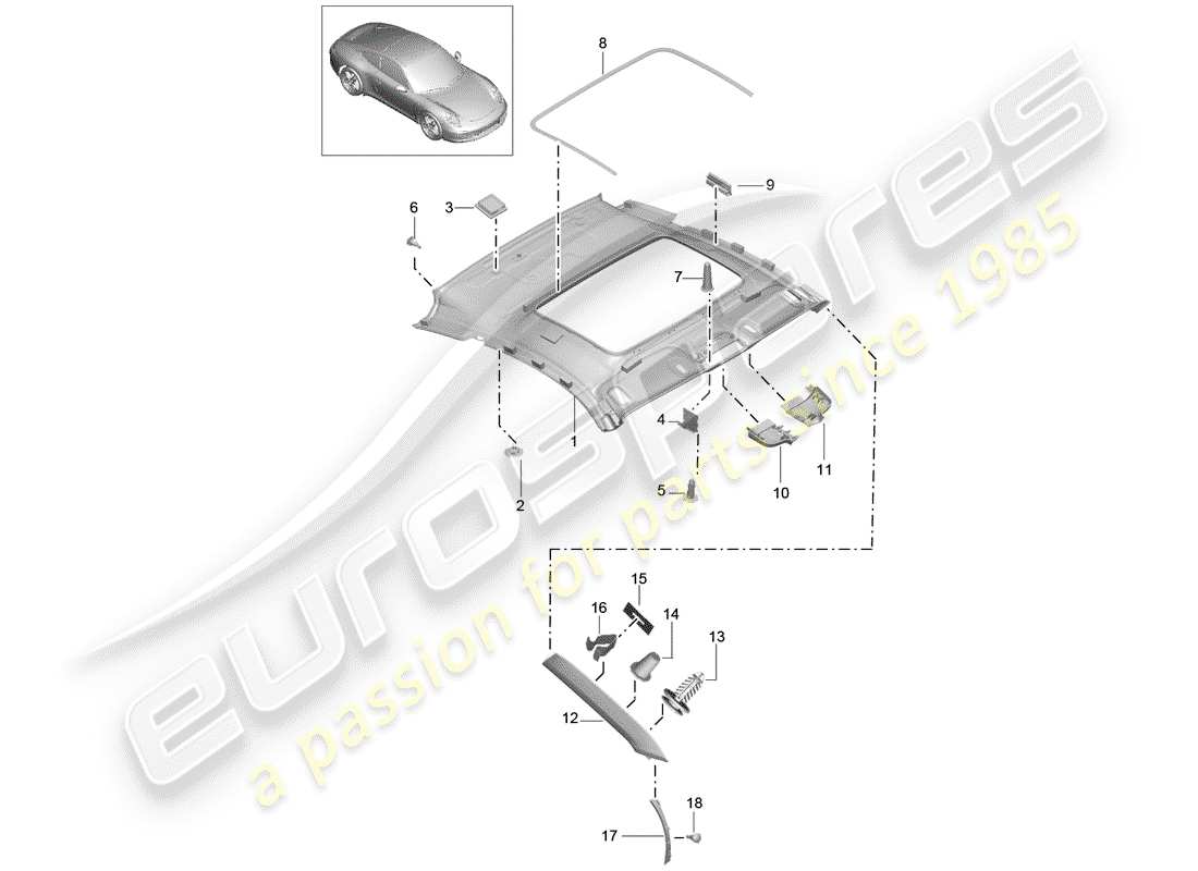 porsche 991 (2014) roof trim panel part diagram