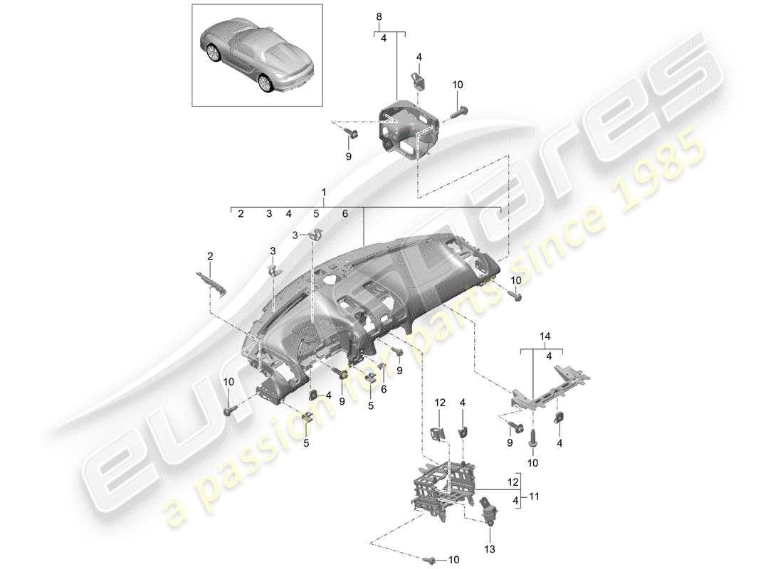 porsche boxster spyder (2016) dash panel trim part diagram