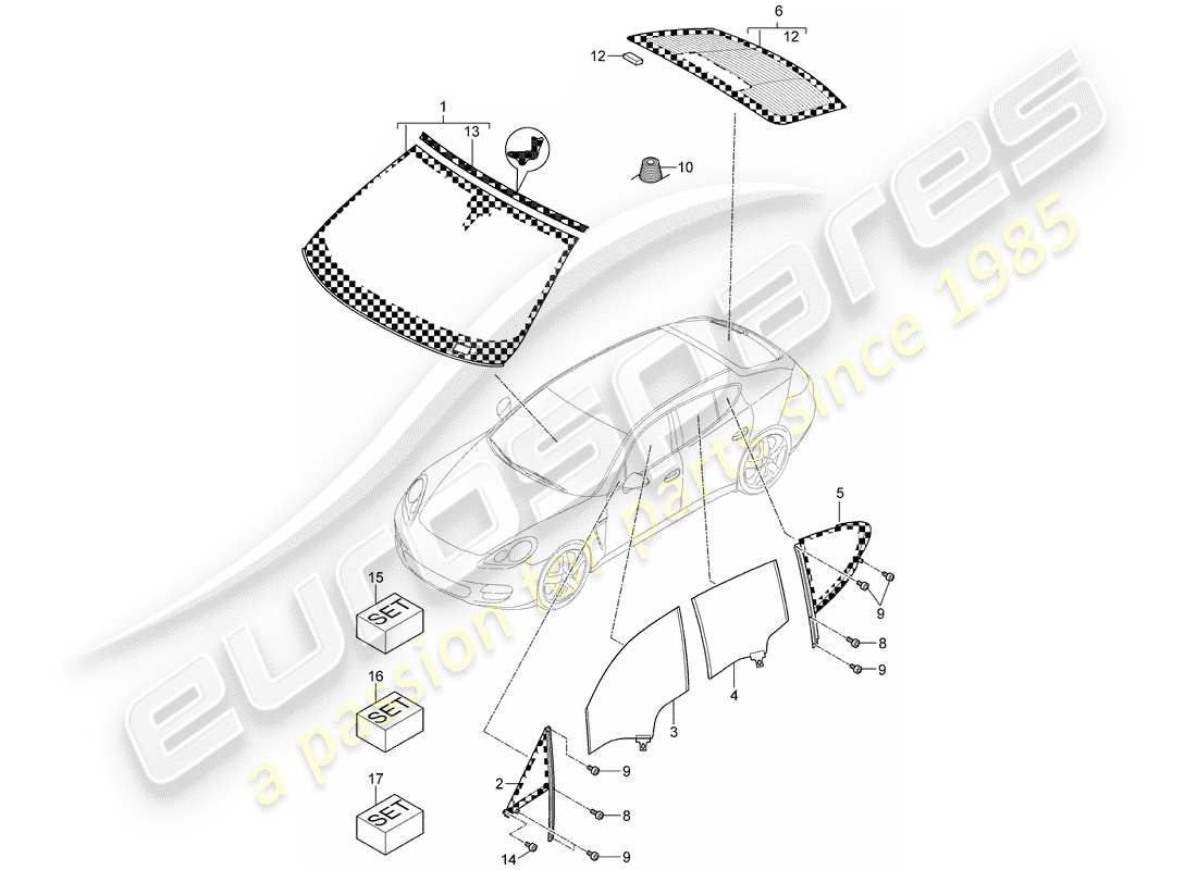 porsche panamera 970 (2010) window glazing part diagram