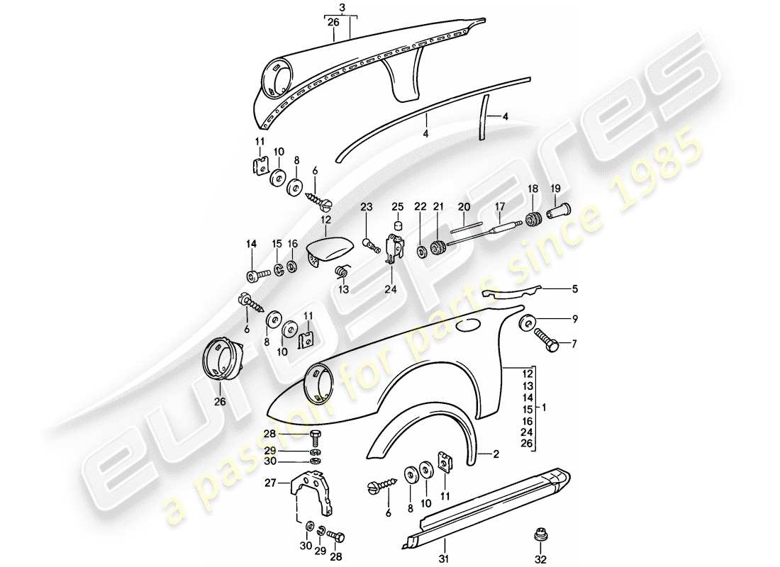 porsche 911 (1988) fender - with: - sheet metal cup for tank part diagram