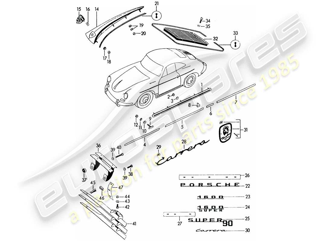 porsche 356b/356c (1965) decorative fittings part diagram