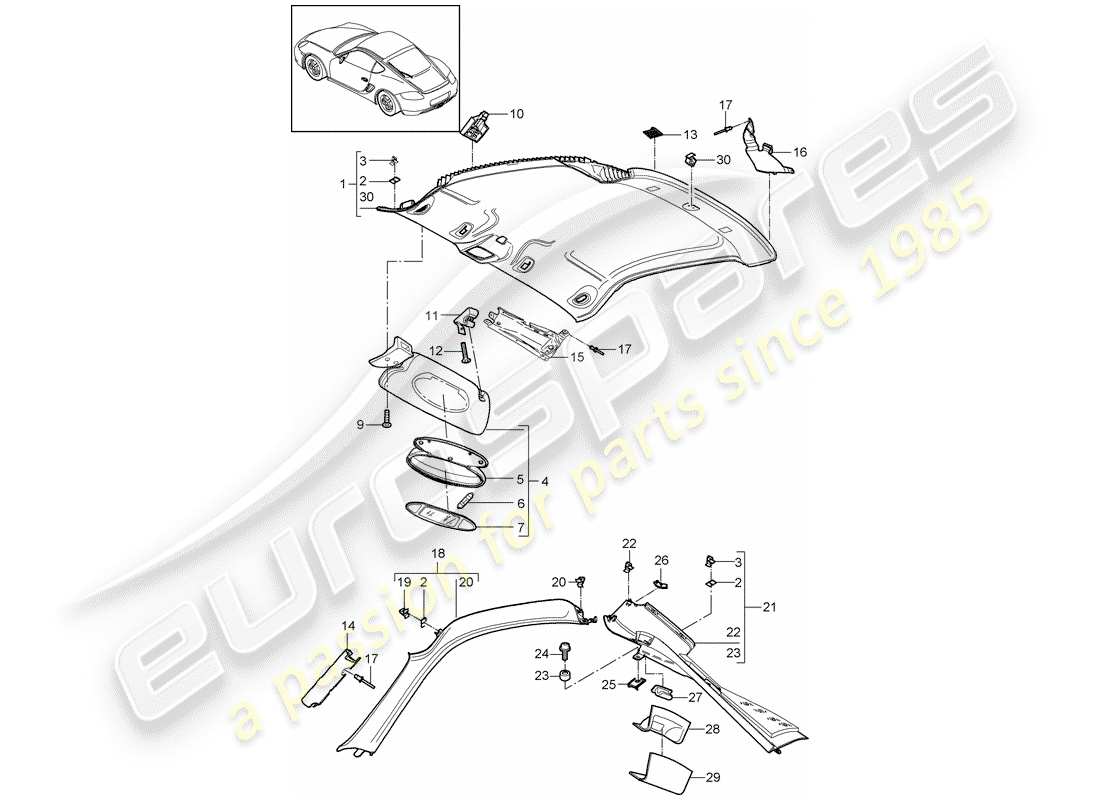 porsche cayman 987 (2009) roof trim panel part diagram