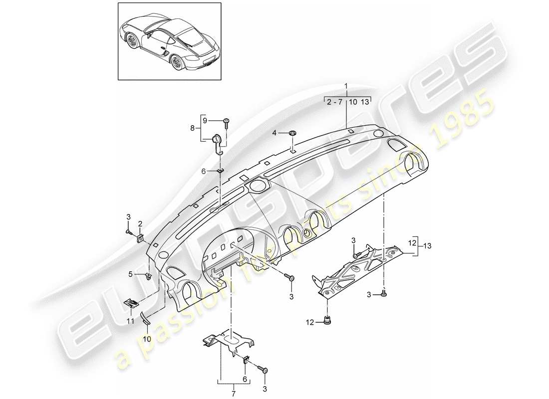 porsche cayman 987 (2009) dash panel trim part diagram