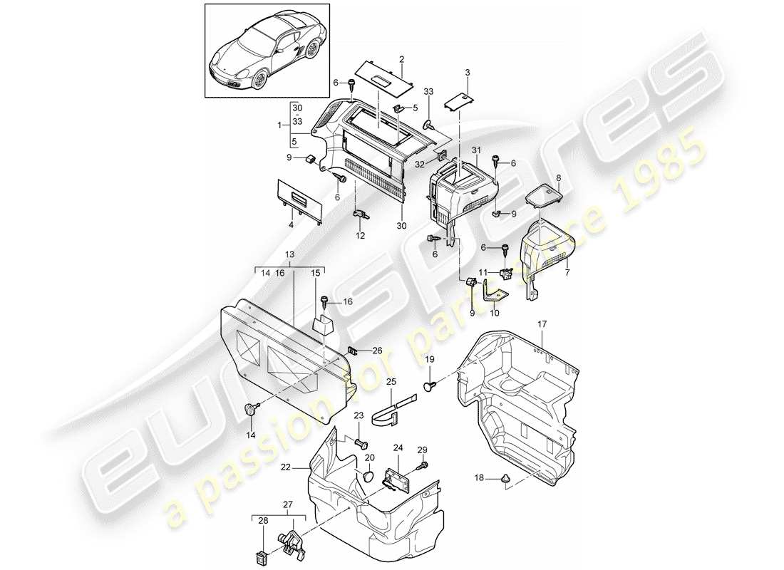 porsche cayman 987 (2011) luggage compartment part diagram