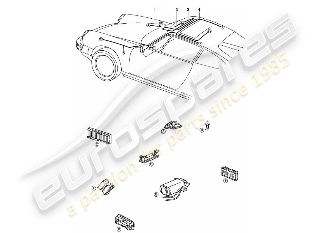 porsche 911 (1978) wiring harnesses - front luggage compartment - interior lights - sunroof part diagram