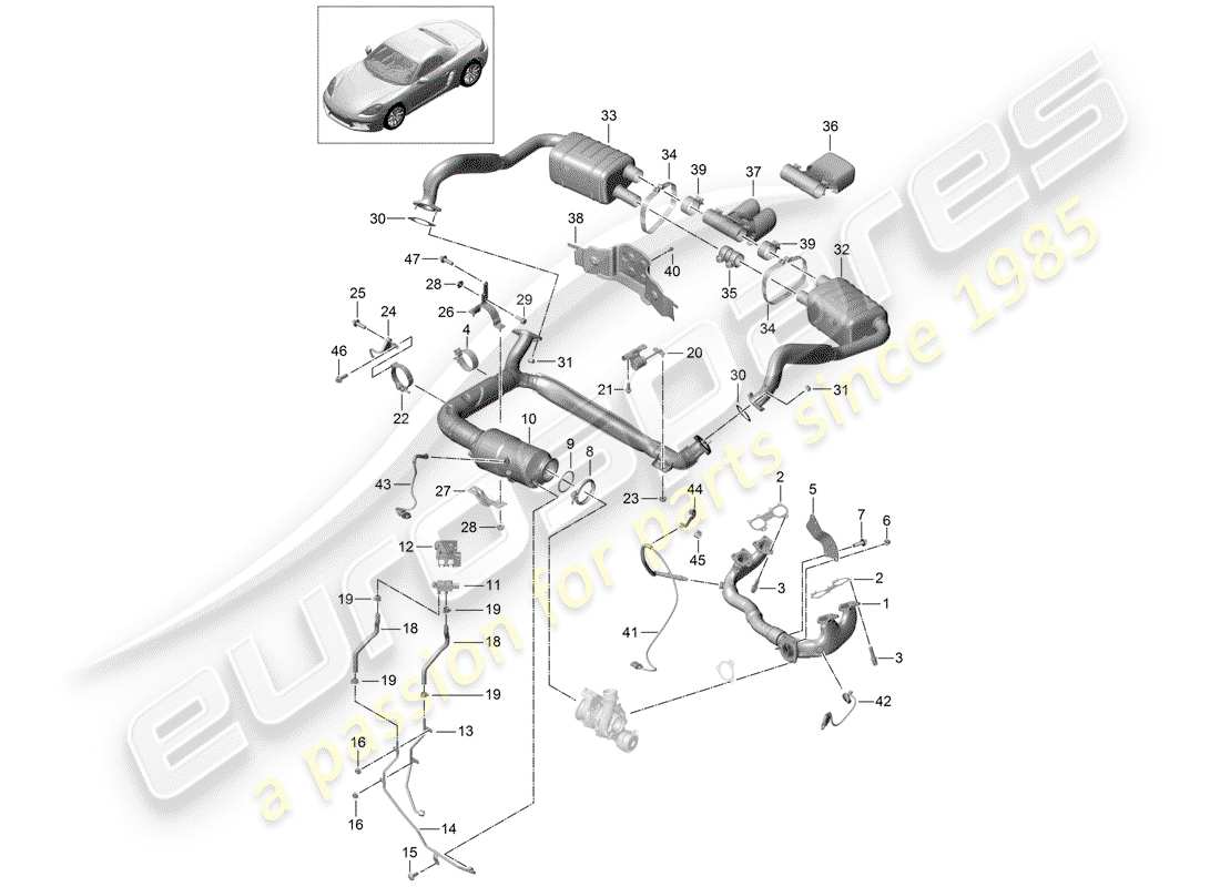 porsche 718 boxster (2018) exhaust system part diagram