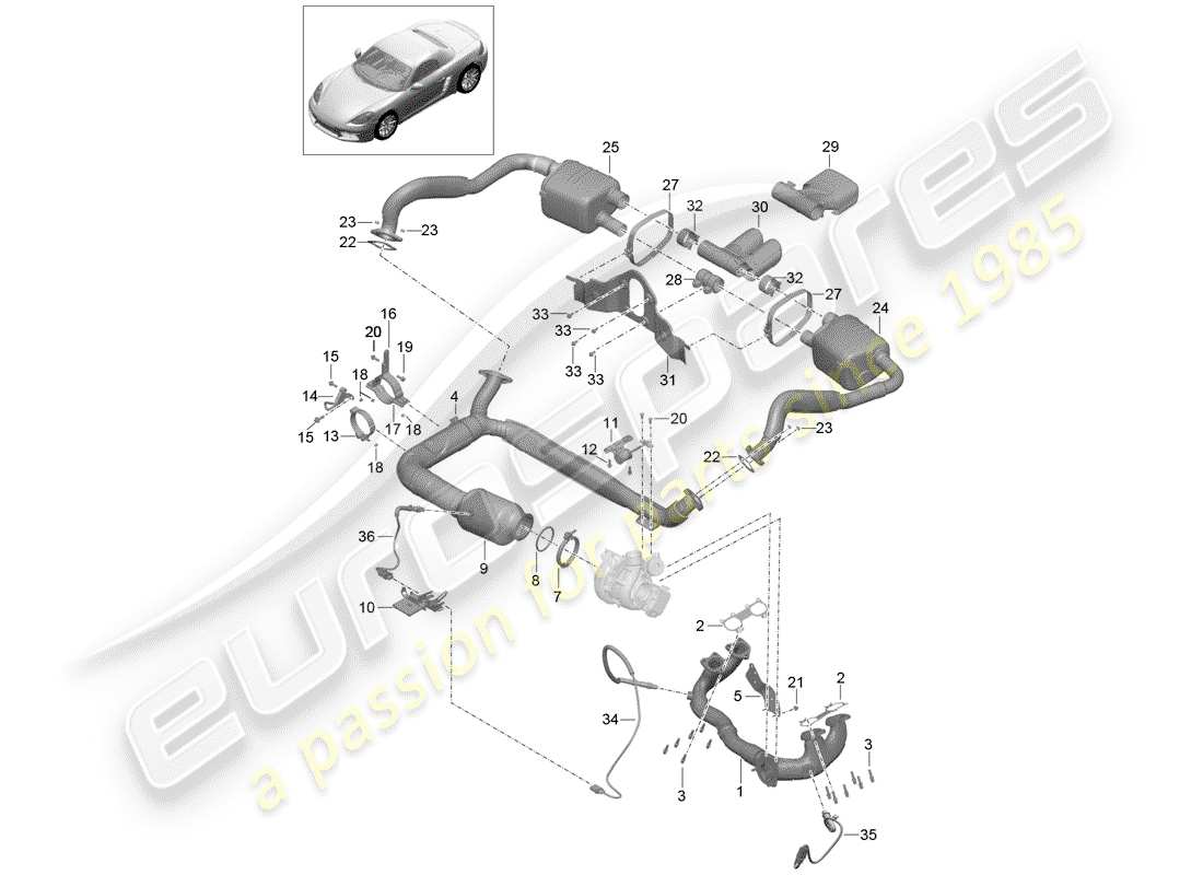 porsche 718 boxster (2018) exhaust system part diagram