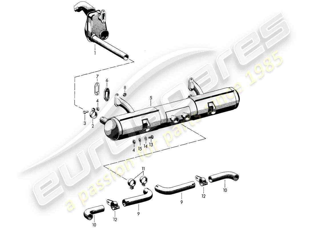 porsche 356b/356c (1963) exhaust system - heater - old version part diagram