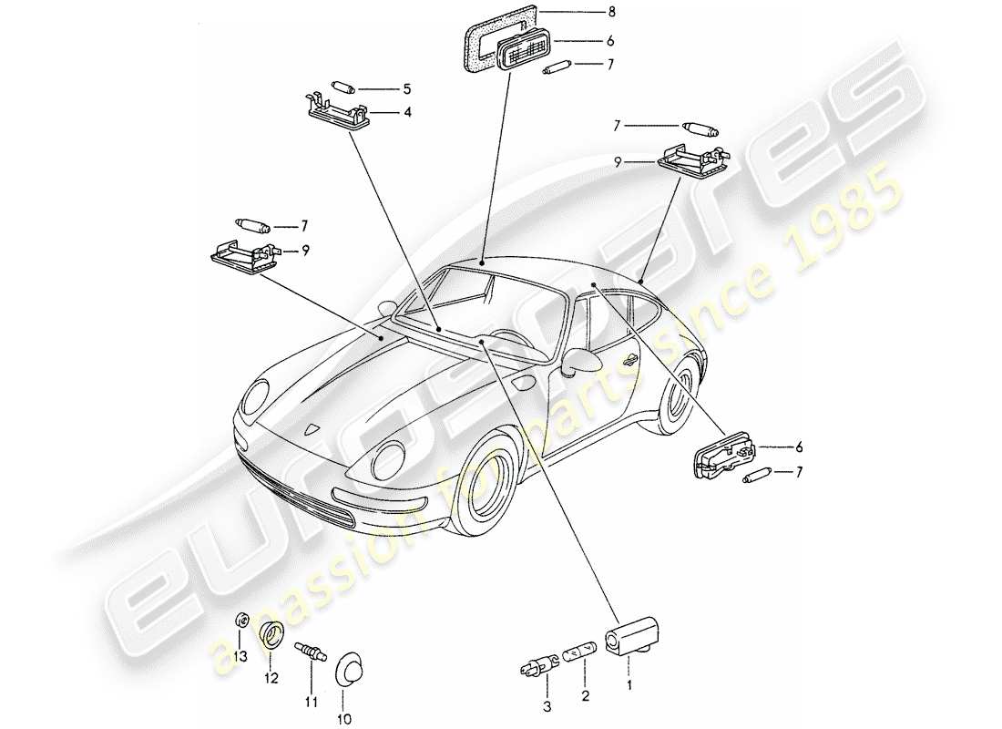 porsche 993 (1998) interior lights - luggage compartment lamp - engine compartment light part diagram