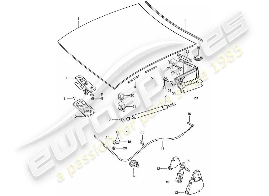 porsche 928 (1987) bonnet - installation parts part diagram