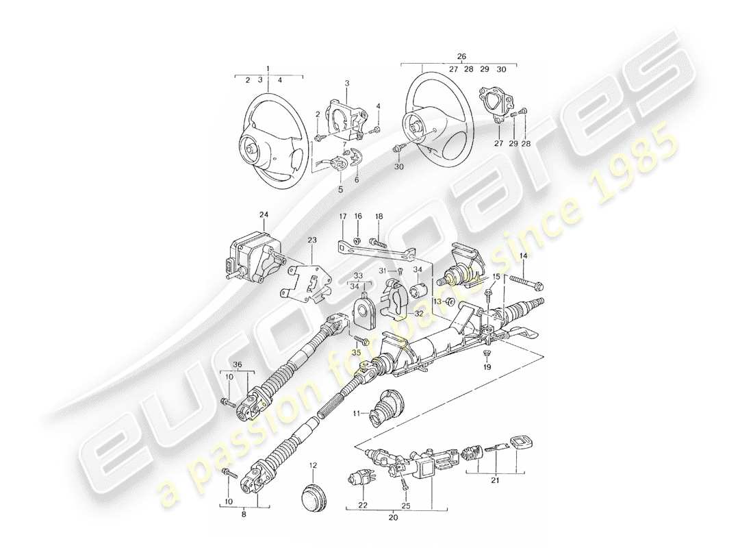 porsche 996 (2003) steering protective pipe - intermediate steering shaft - steering wheel part diagram