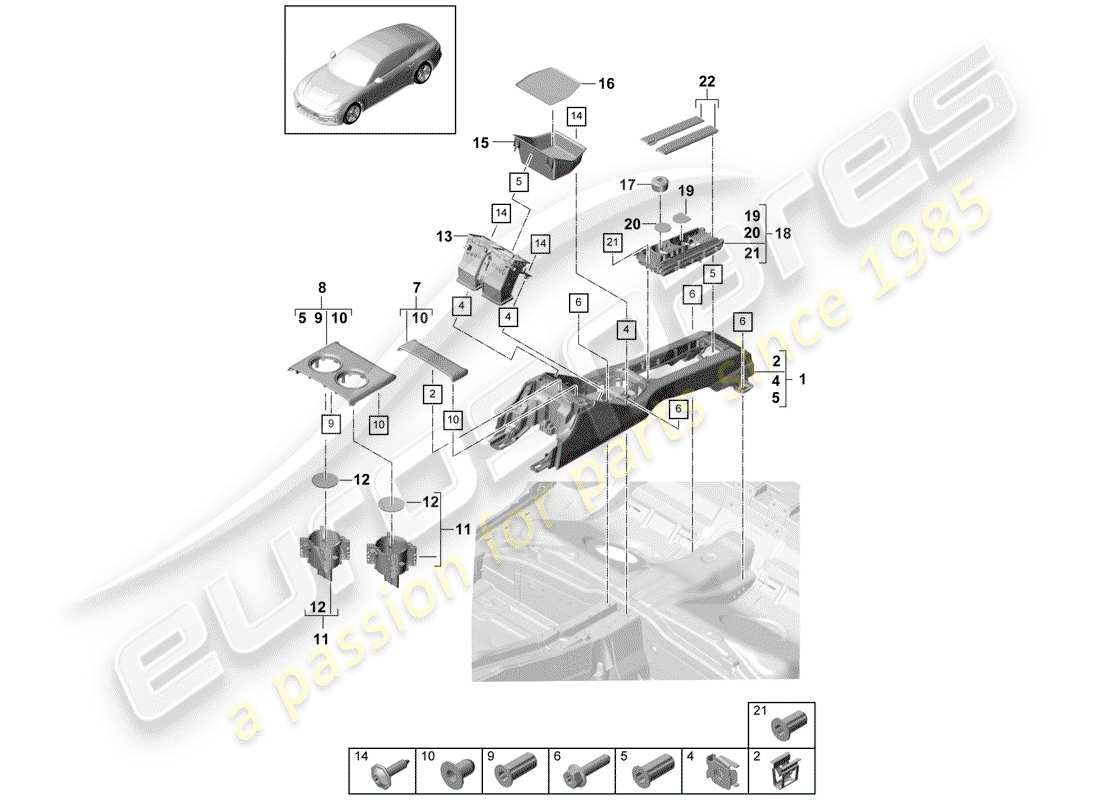 porsche panamera 971 (2018) center console part diagram