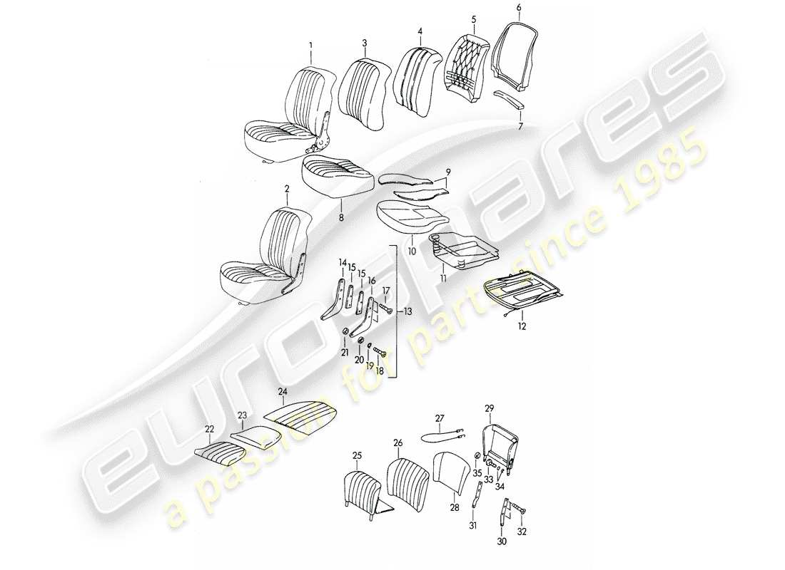 porsche 356b/356c (1962) front seat - and - emergency seat part diagram