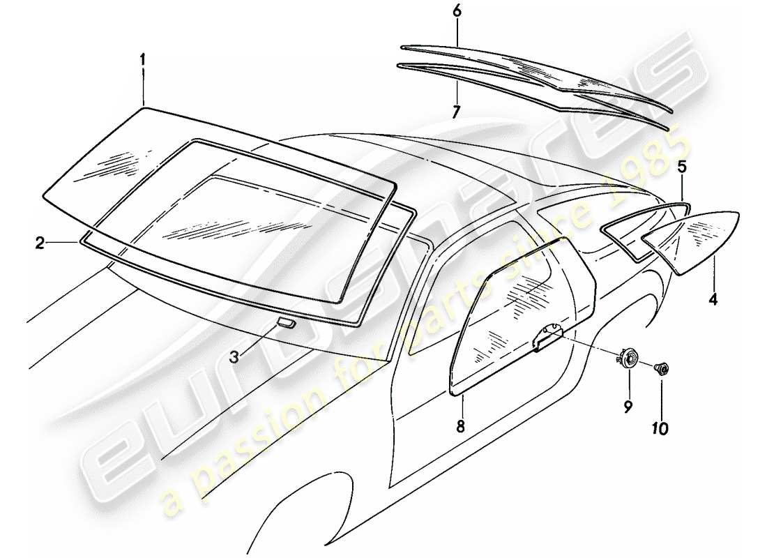 porsche 928 (1983) window glazing part diagram