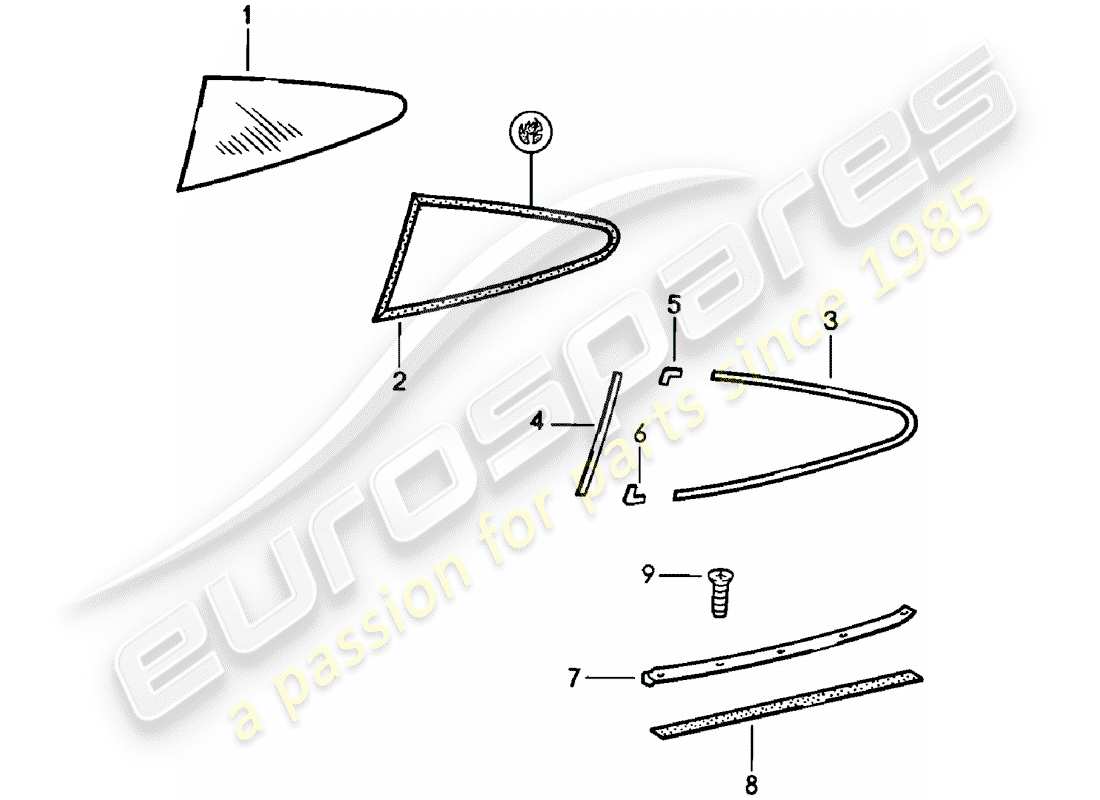 porsche 911 (1982) window glazing part diagram