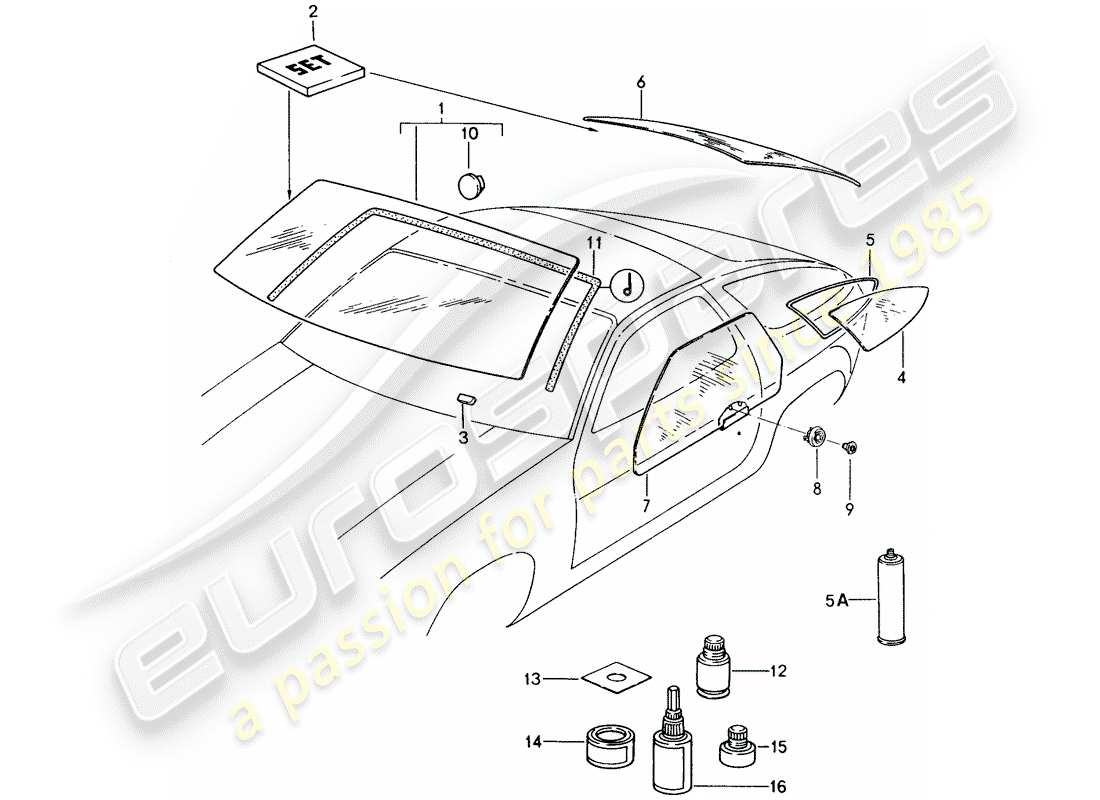 porsche 928 (1987) window glazing part diagram