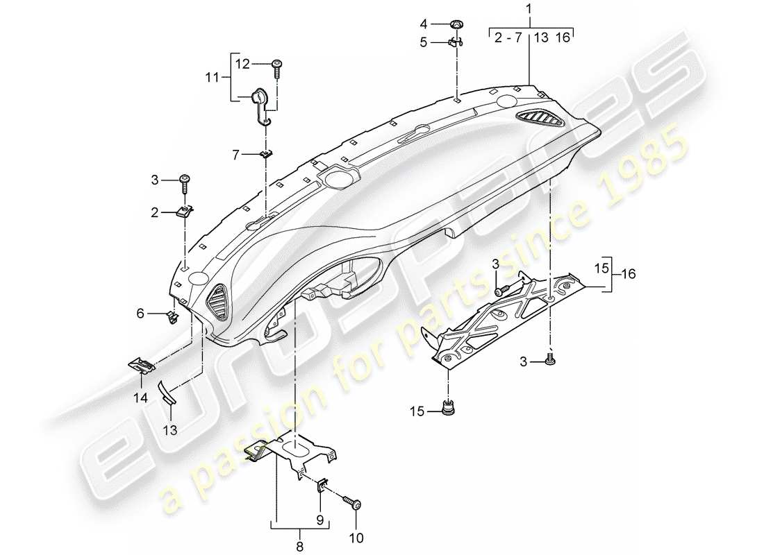 porsche 997 t/gt2 (2008) dash panel trim part diagram