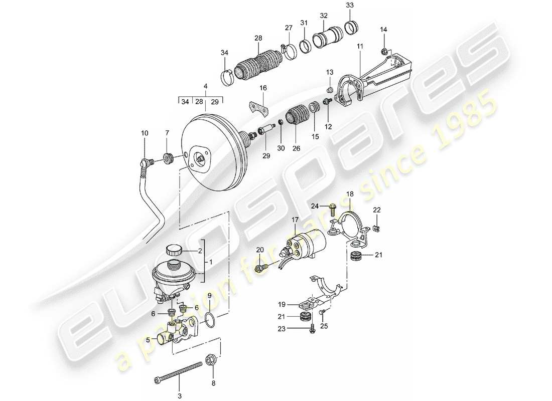 porsche 996 (2002) brake master cylinder - brake booster - clutch pump part diagram