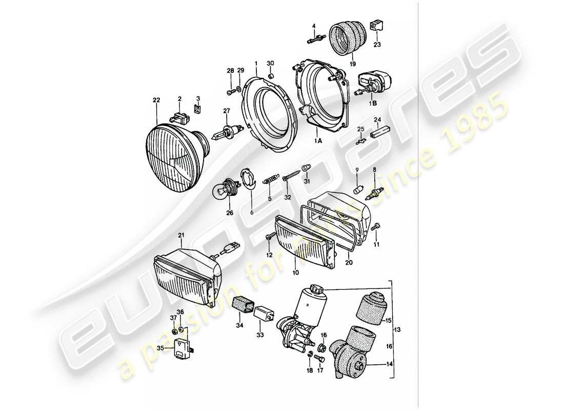 porsche 944 (1988) headlamp - electric motor - pop-up headlight part diagram