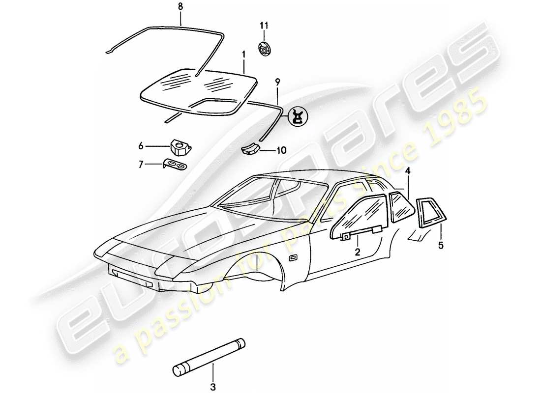 porsche 944 (1988) window glazing part diagram