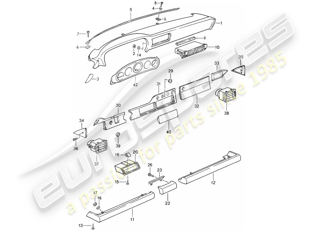 porsche 964 (1993) dashboard - knee pad trim - for cars without - airbag part diagram