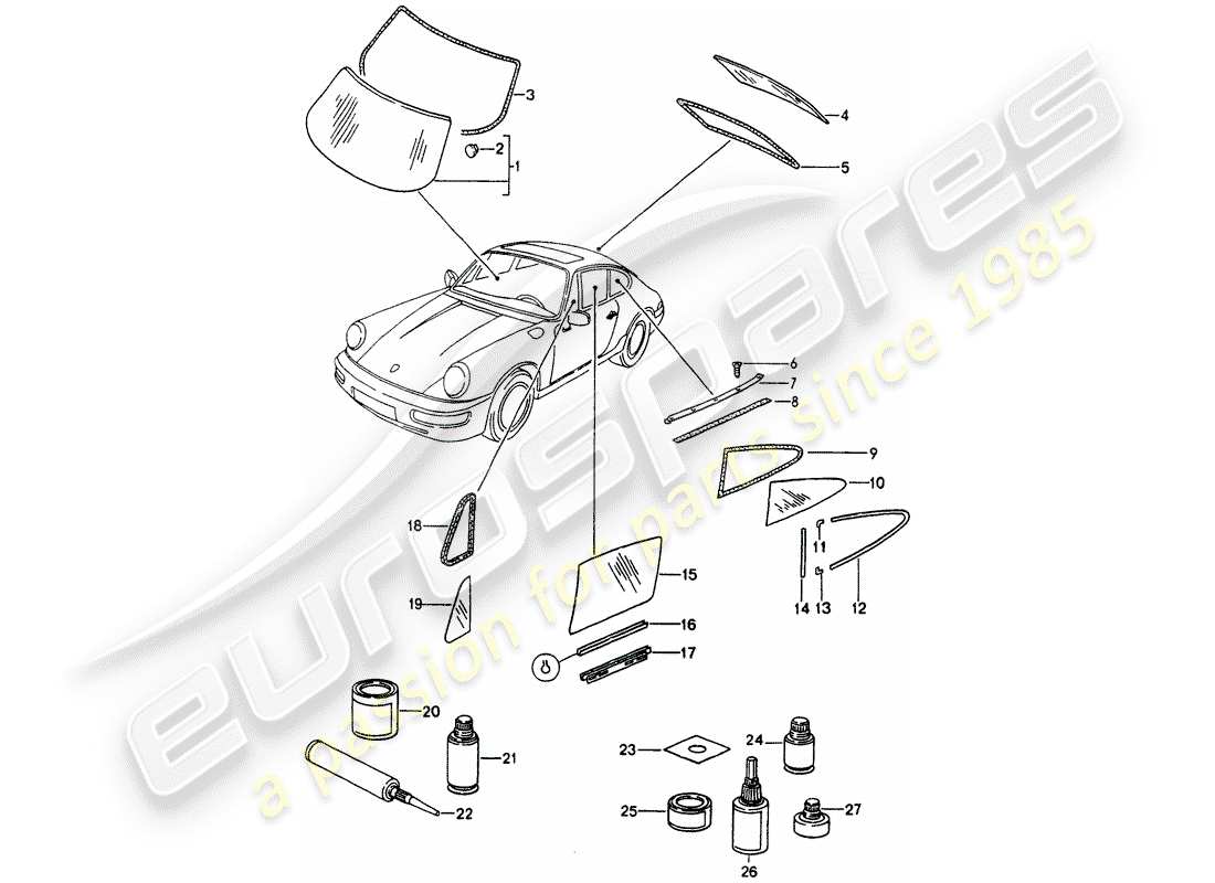 porsche 964 (1993) window glazing part diagram