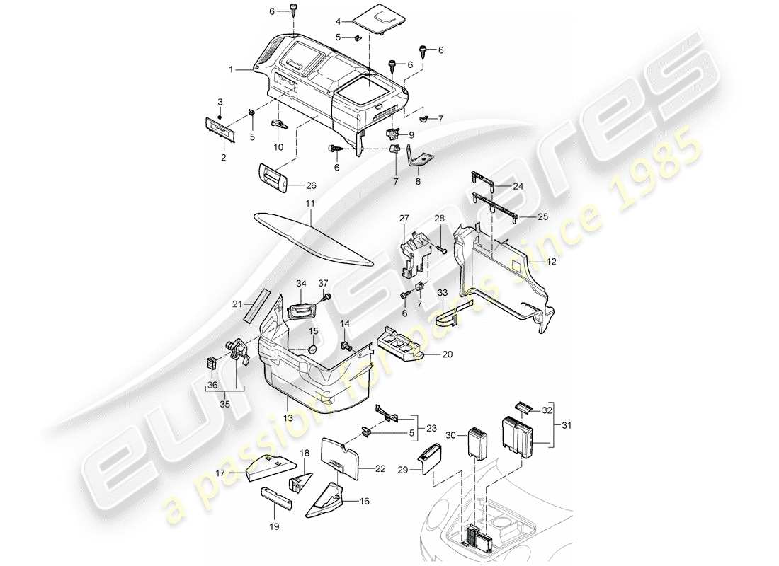 porsche 997 t/gt2 (2008) luggage compartment part diagram