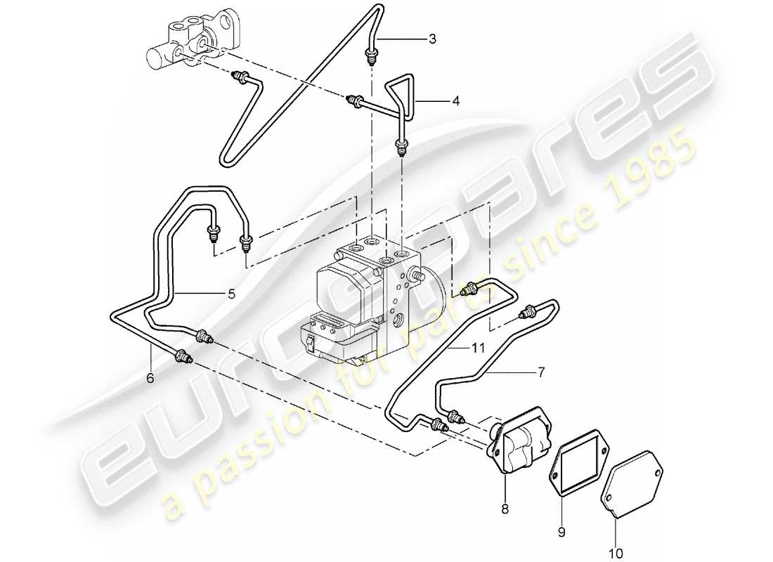 porsche 996 t/gt2 (2005) brake lines - front end part diagram