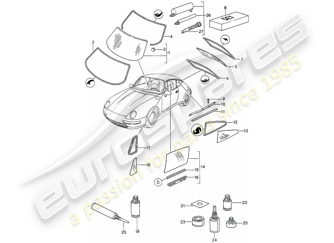 porsche 993 (1998) window glazing part diagram