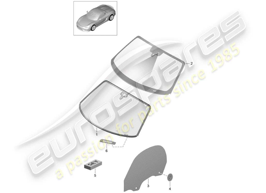 porsche boxster spyder (2016) window glazing part diagram