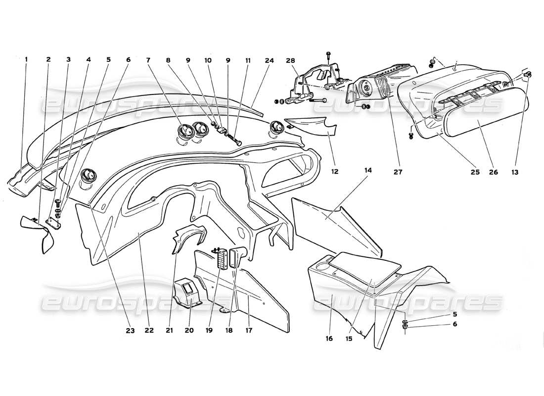 lamborghini diablo gt (1999) passenger compartment interior panels with air bag part diagram