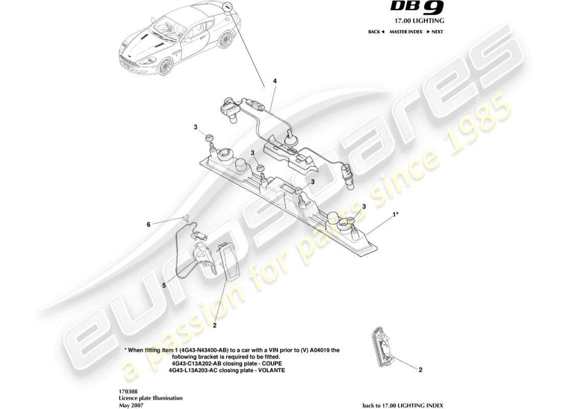 aston martin db9 (2012) license plate lamps part diagram