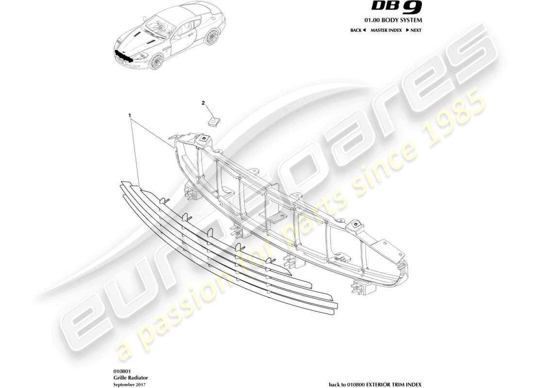 aston martin db9 (2012) radiator grille part diagram