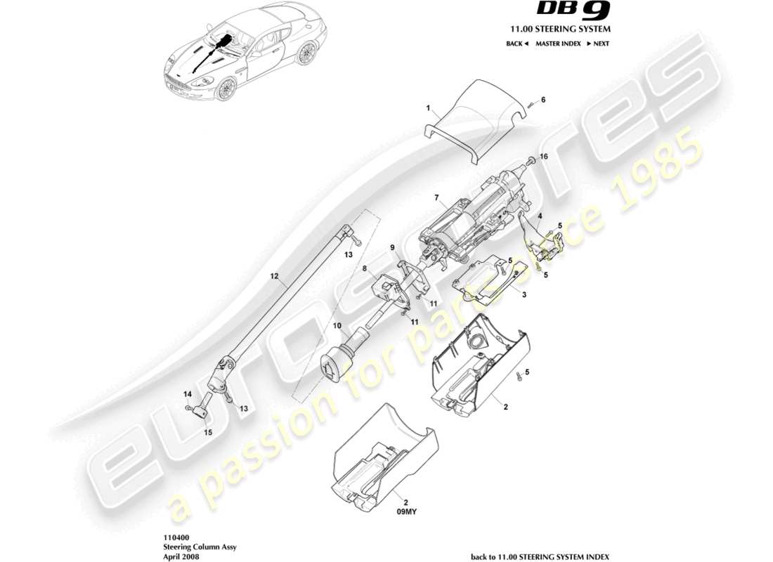 aston martin db9 (2012) steering column assembly part diagram