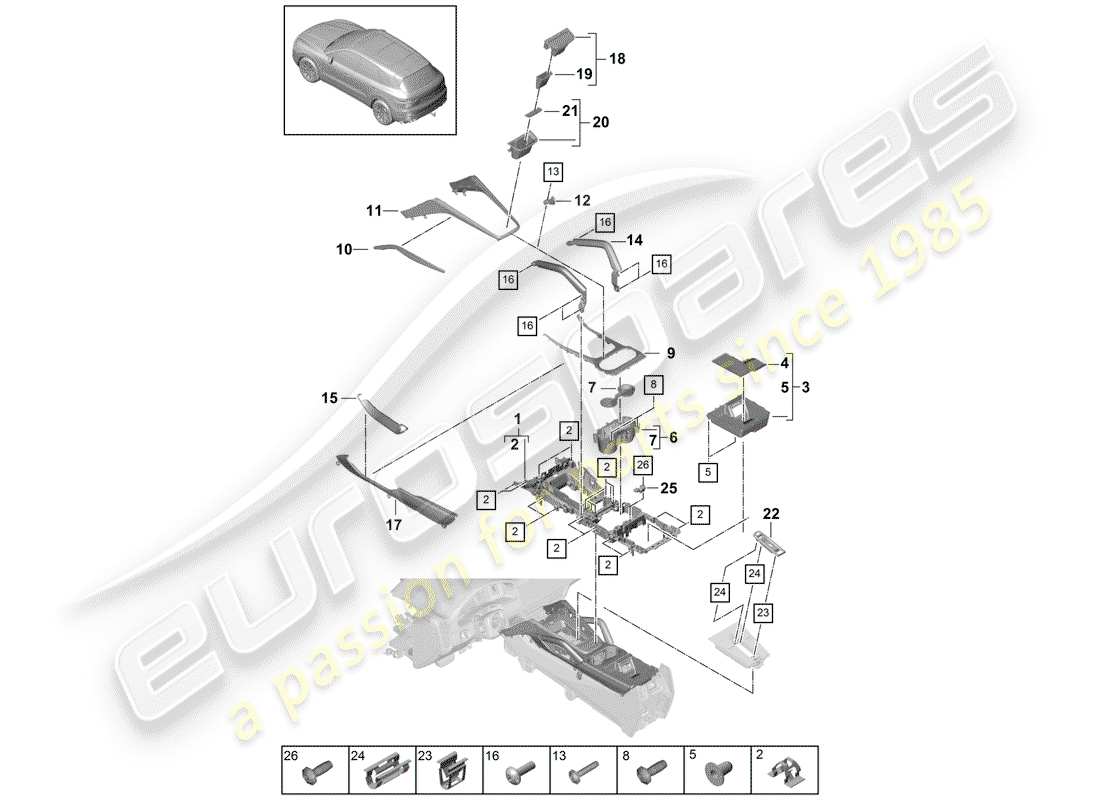 porsche cayenne e3 (2019) center console part diagram