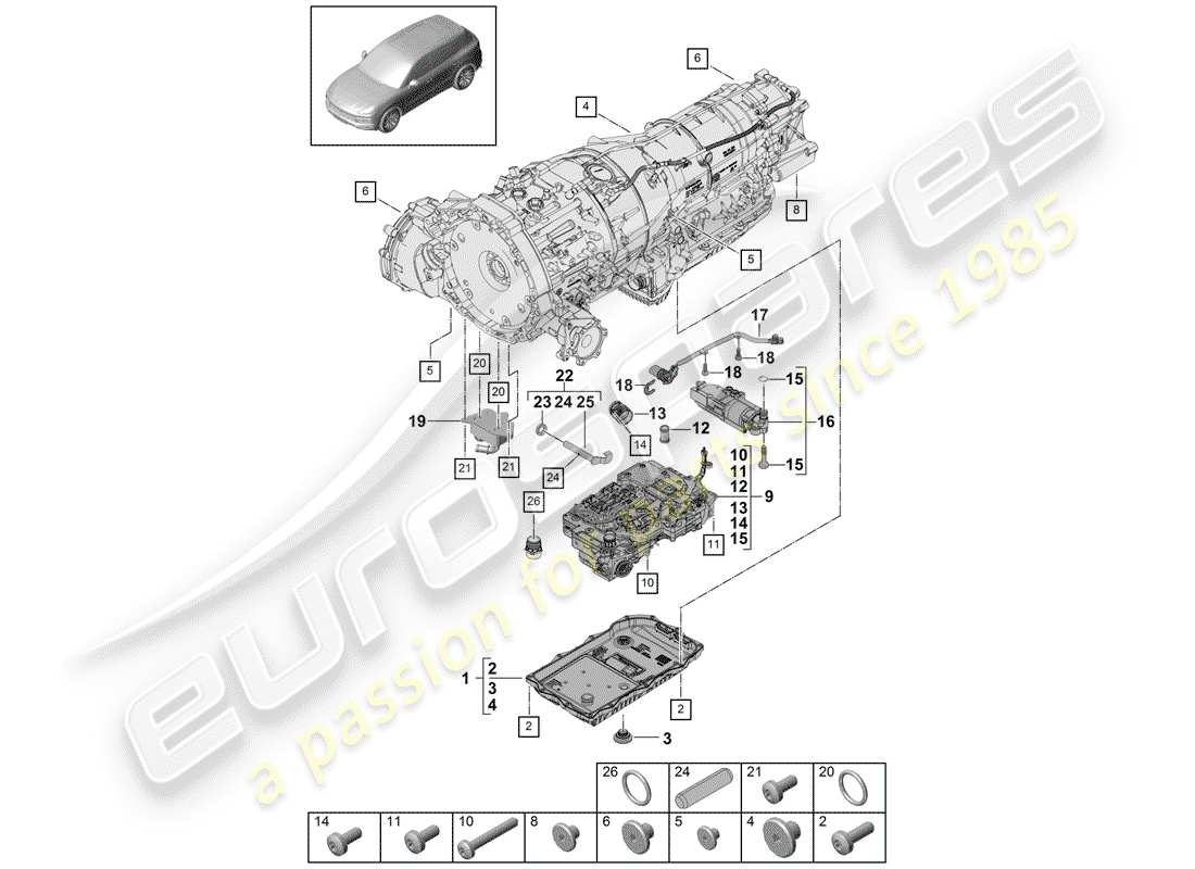 porsche cayenne e3 (2018) 8-speed automatic gearbox part diagram