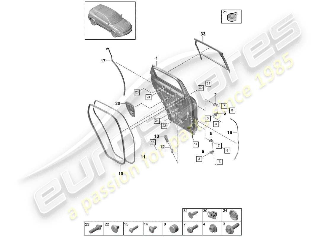 porsche cayenne e3 (2018) door shell part diagram