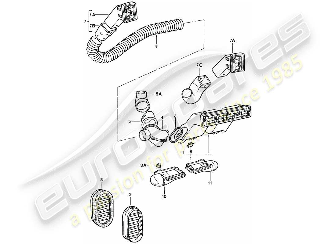 porsche 924 (1977) air vent - trim - air hose part diagram