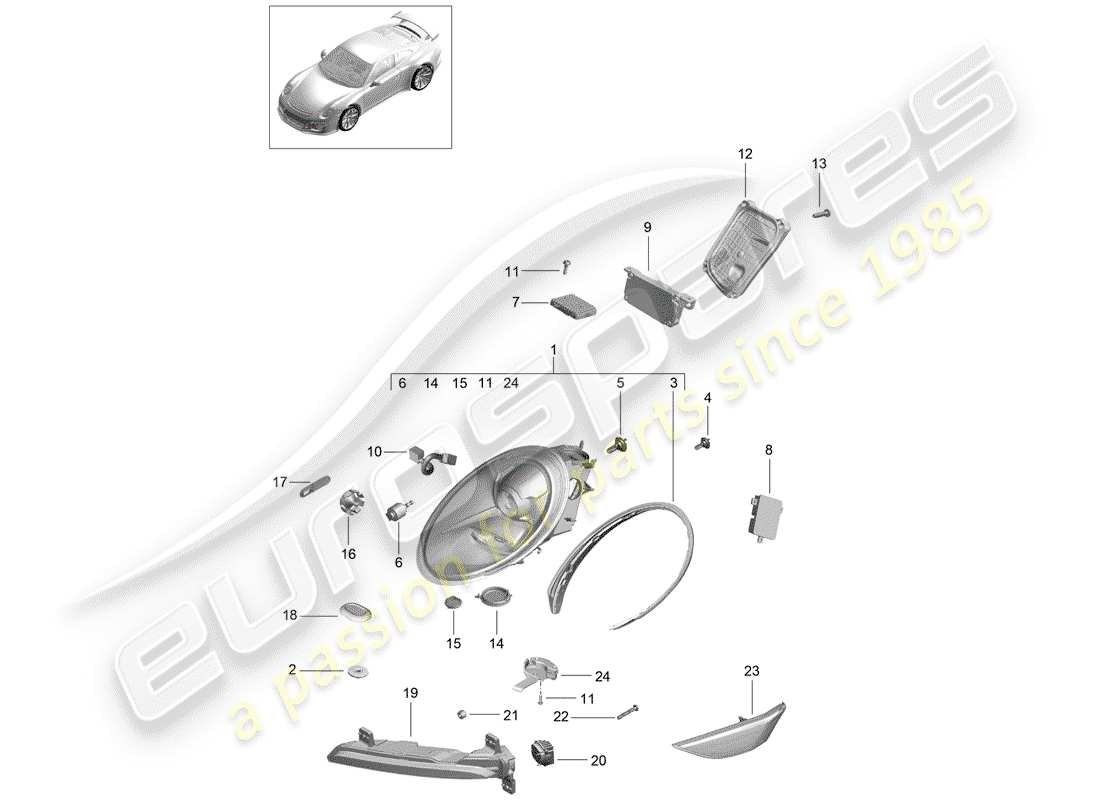 porsche 991r/gt3/rs (2015) headlamp part diagram