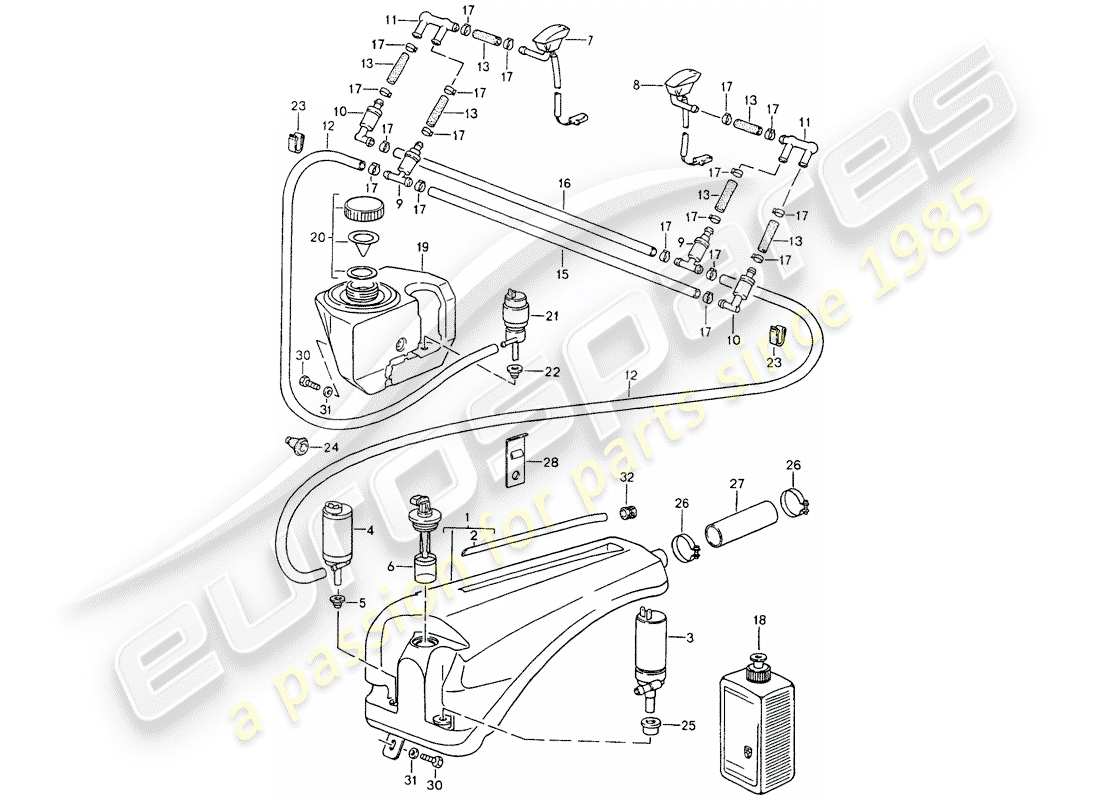 porsche 964 (1990) windshield washer unit part diagram