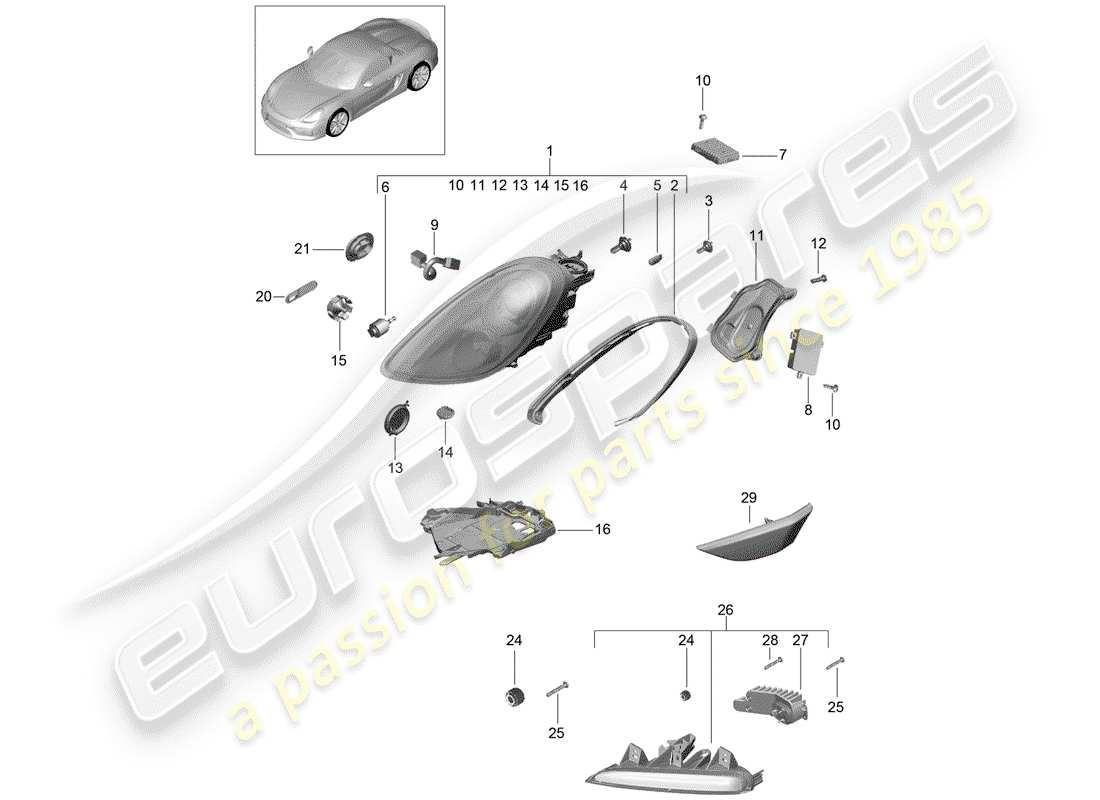 porsche boxster spyder (2016) headlamp part diagram