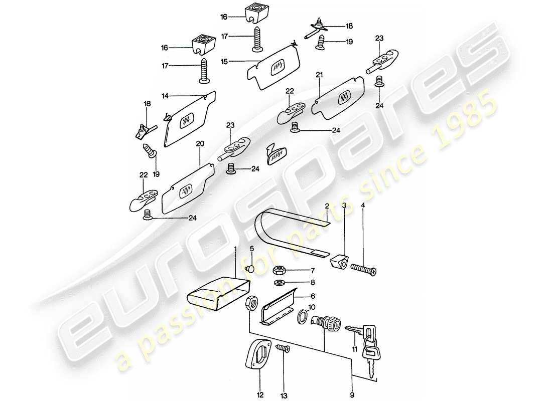 porsche 911 (1976) glove box - sun vizor part diagram