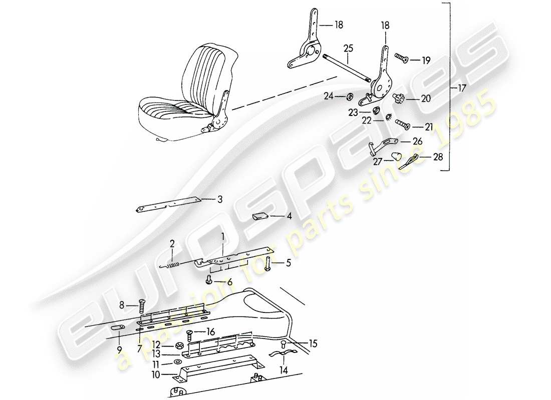 porsche 356b/356c (1962) seat rail - seat rail support - and - reclining seat mechanism part diagram