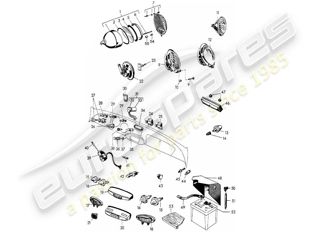 porsche 356/356a (1953) headlamp - lights - and - switch - battery part diagram