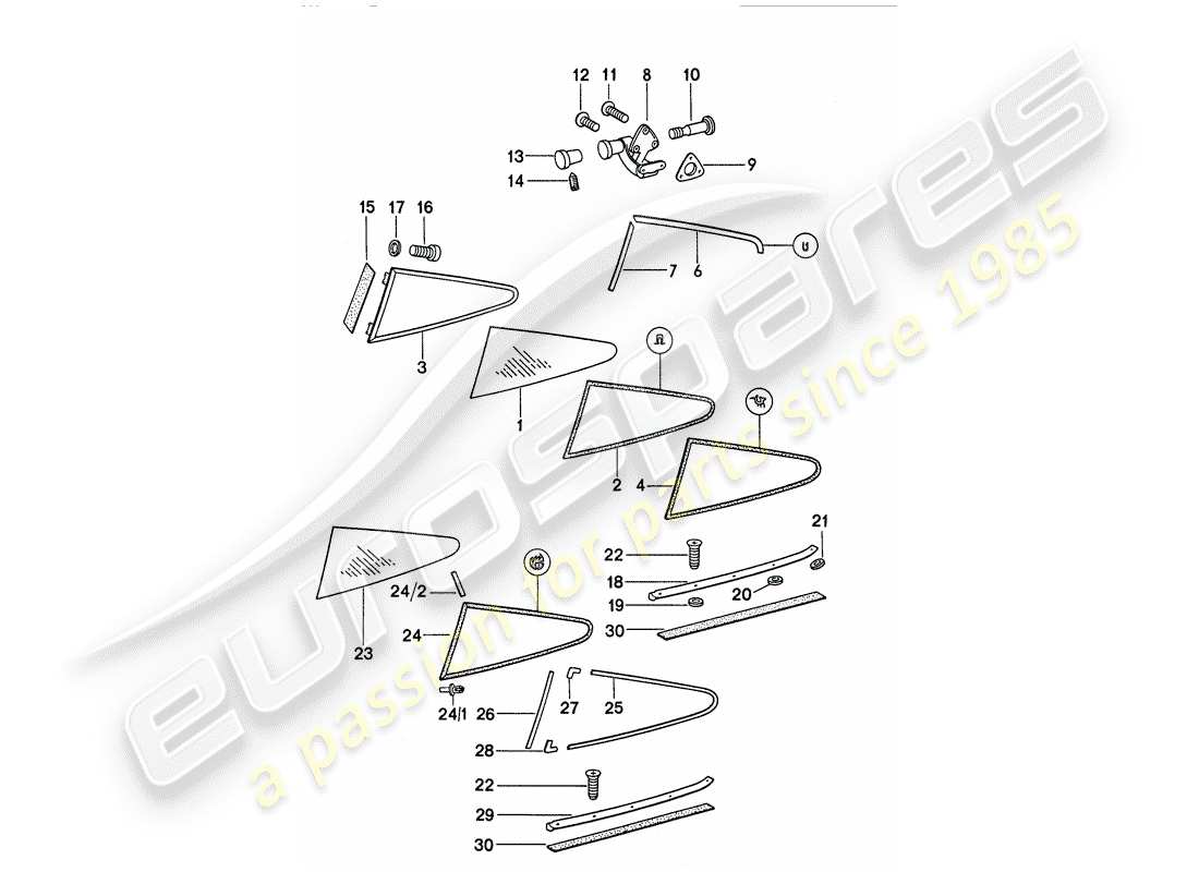 porsche 911 (1977) window glazing part diagram