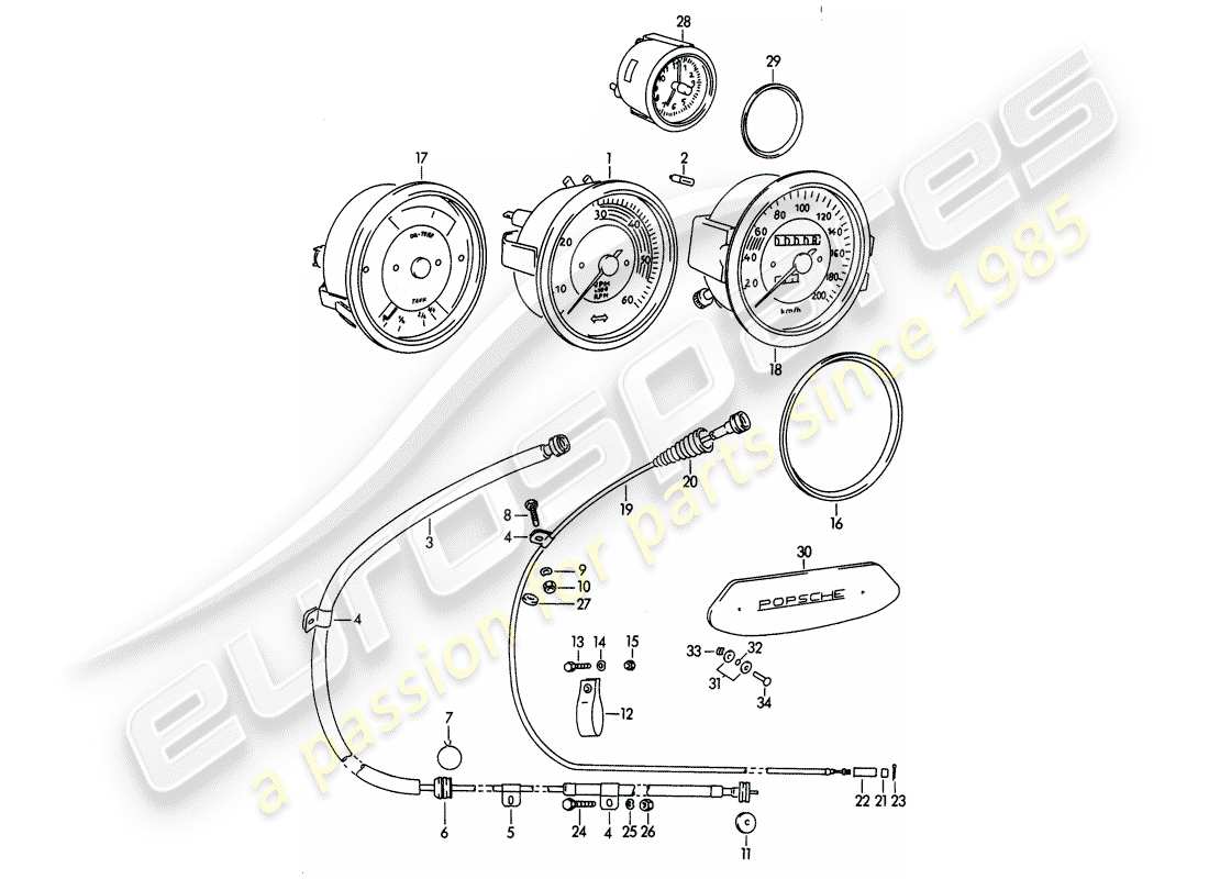 porsche 356b/356c (1964) instruments - mechanical part diagram