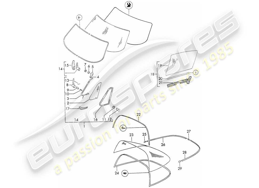 porsche 911 (1971) window glazing part diagram