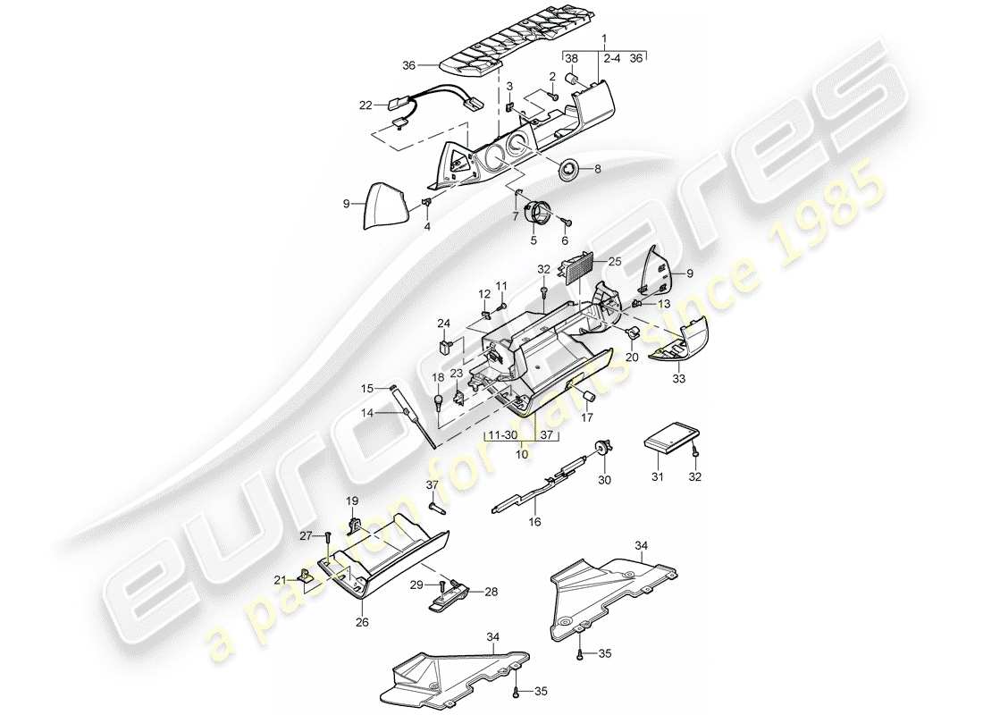 porsche 997 gt3 (2008) glove box part diagram