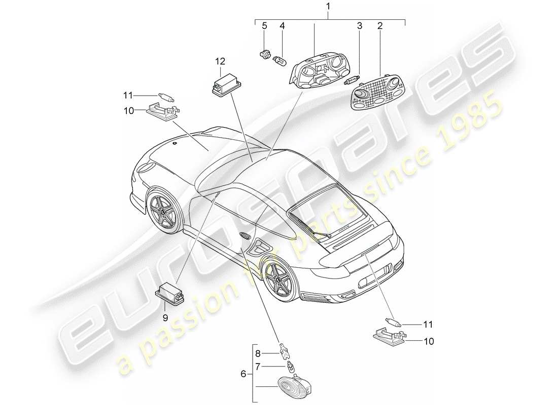 porsche 997 t/gt2 (2007) interior lights part diagram